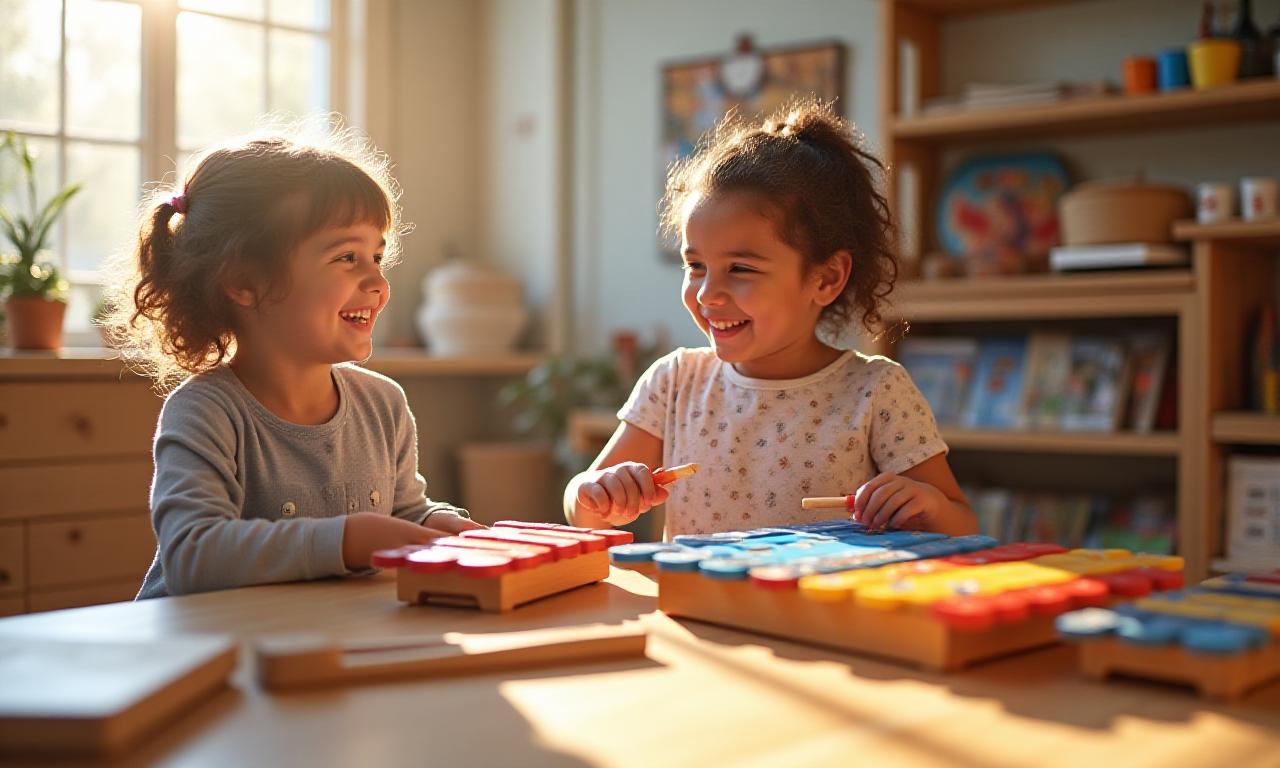 Children playing with handmade wooden instruments in a bright workshop setting