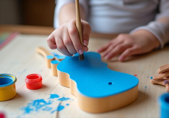 Child painting a small wooden ukulele body